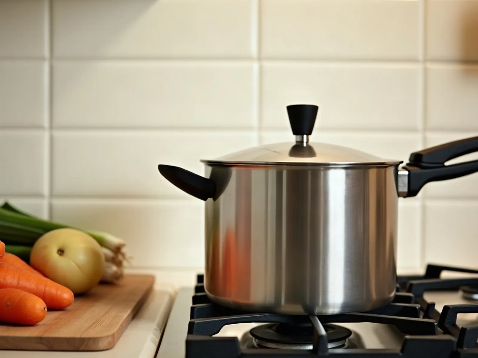 Une cocotte-minute en inox posée sur un feu de gaz, à côté de carottes et de pommes de terre