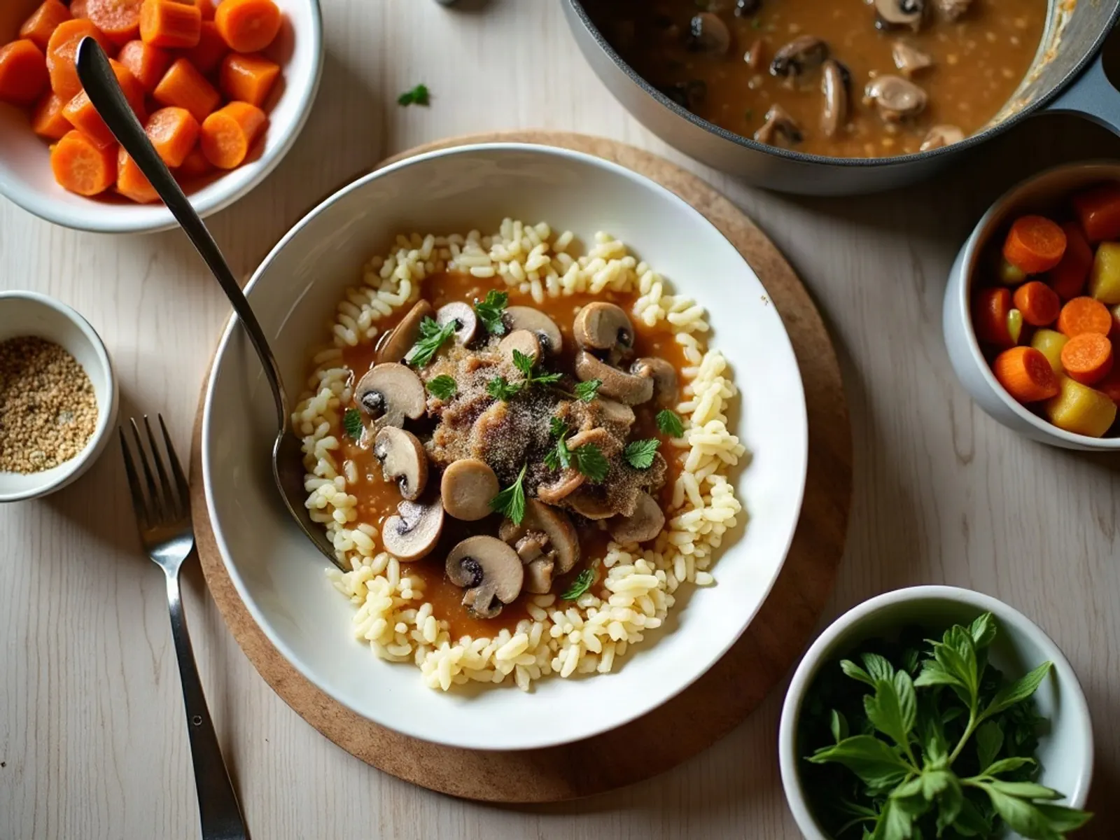 Vue du dessus d'une table avec un risotto aux champignons, un plat mijoté et des légumes à la vapeur