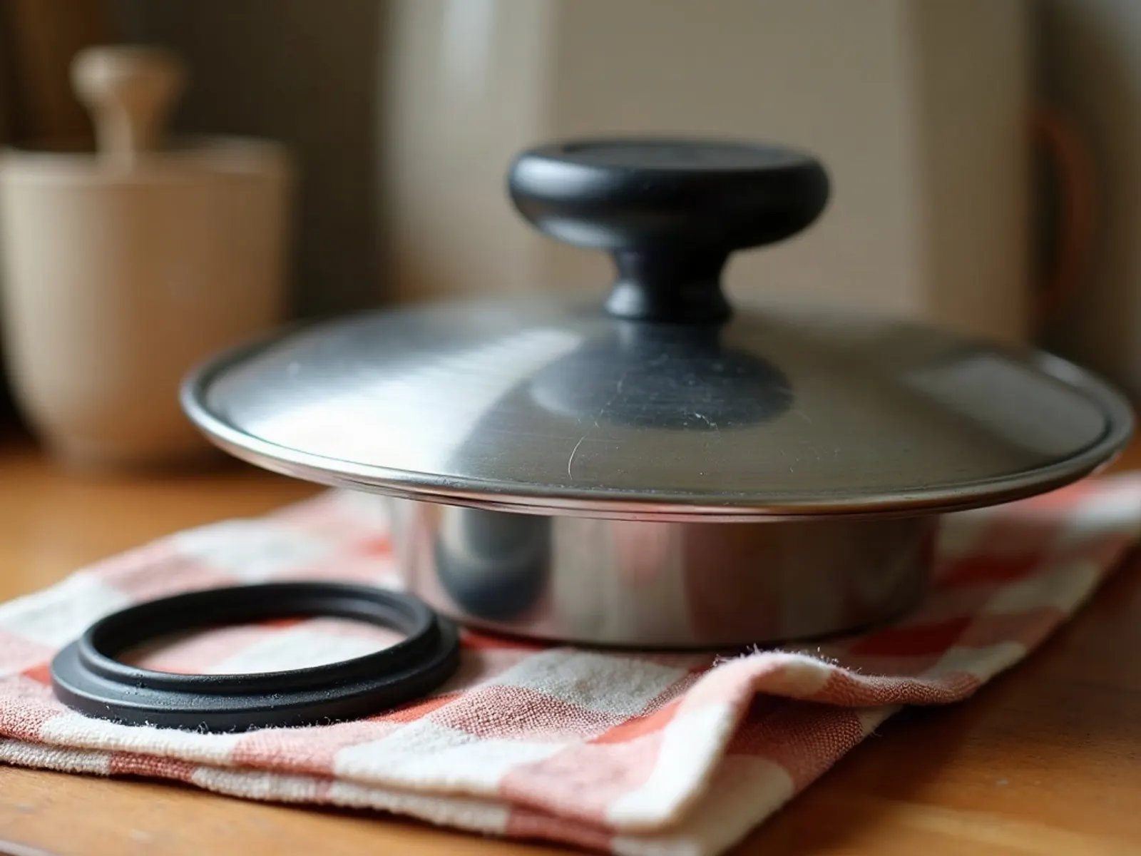 Un couvercle de cocotte-minute en inox posé sur un torchon à carreaux, un joint noir à côté
